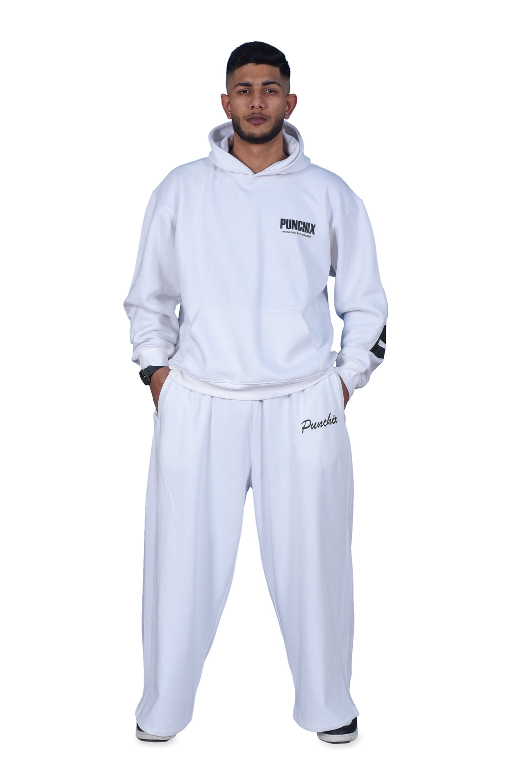 Punchix White Hoodie & Wide-Leg Baggy Pants Set | Premium Streetwear Combo