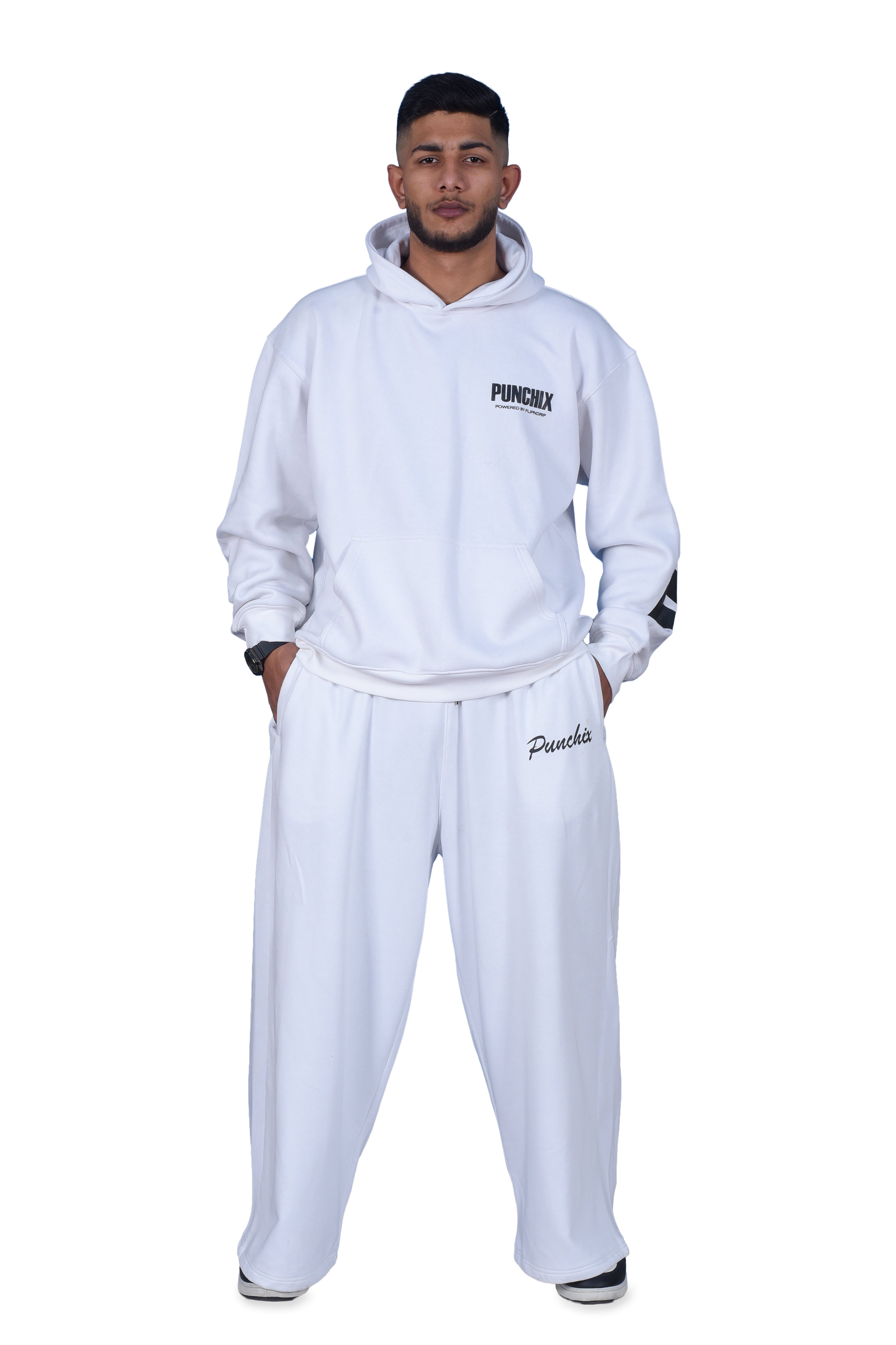 Punchix White Hoodie & Wide-Leg Baggy Pants Set | Premium Streetwear Combo